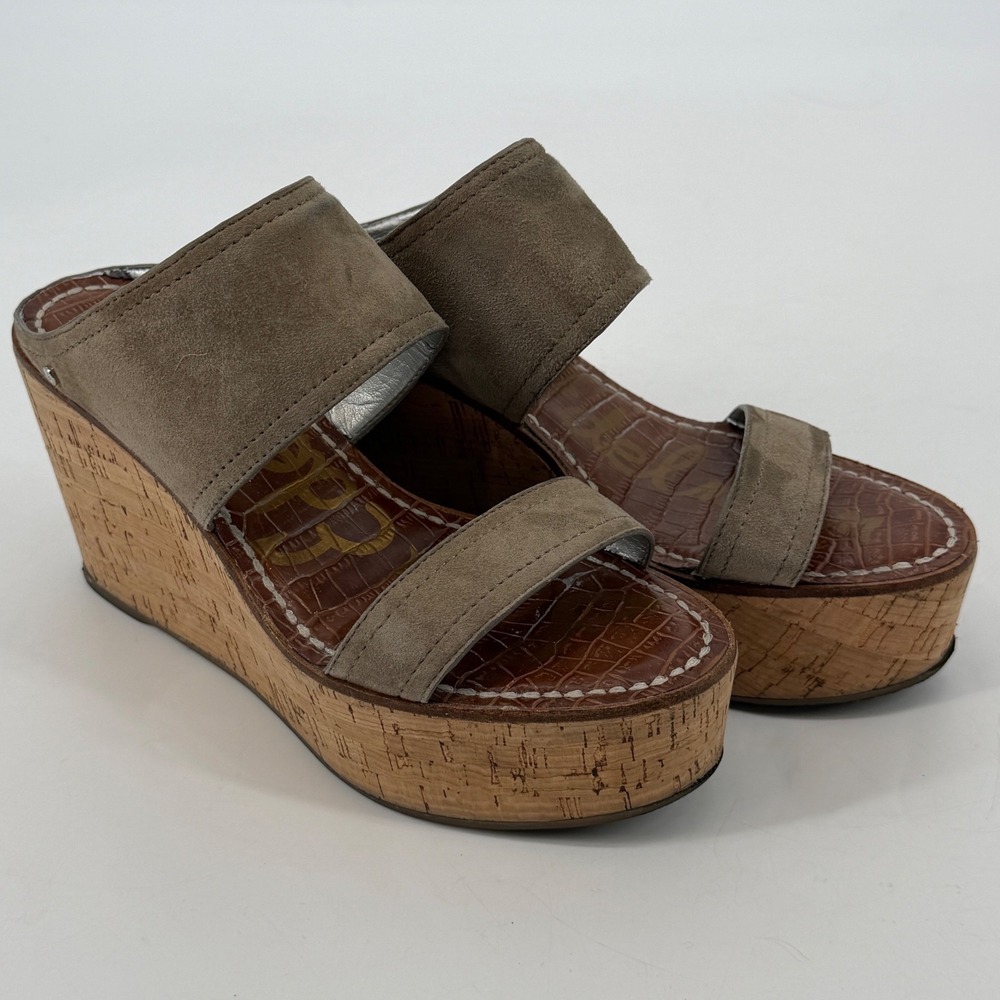 Sam Edelman Dali Taupe Suede Cork Platform Wedge Sandals Womens 8.5M